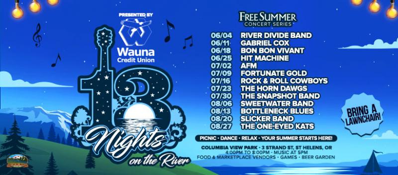 Written schedule for 2026 13 Nights on the River with a night time outdoor scene background with mou…