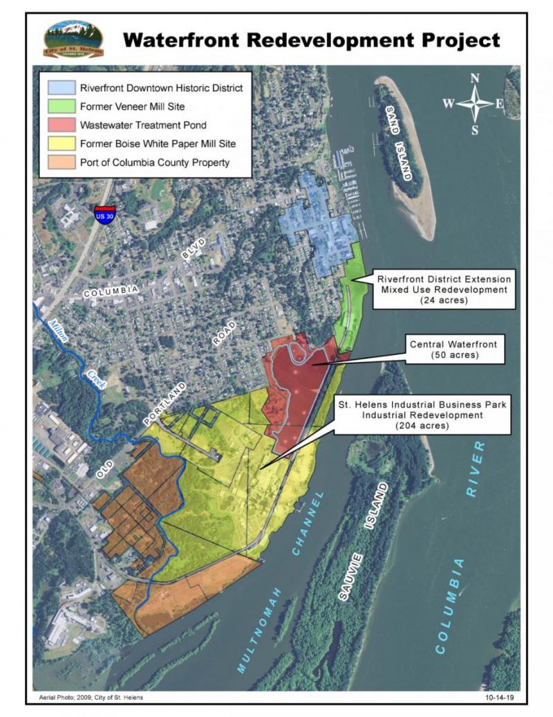 Waterfront redevelopment project. Map showing Riverfront Downtown Historic District, former Veneer Mill Site, Wastewater Treatment Pond, Former Boise White Paper Mill Site, Port of Columbia County Property