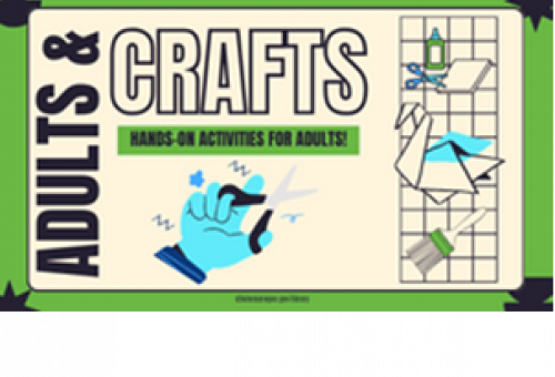 Adults & Crafts logo-Green border with graph paper on the right side and a hand holding scissors in the middle