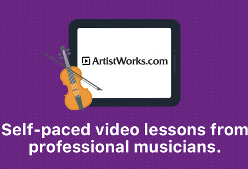 Icon of a violin and statement that artistworks provides online video music instruction