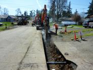 Construction ditch along side of road with construction equipment. 