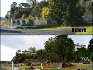 Before and after pictures of fence removal on riverfront property. 
