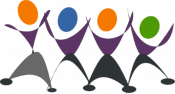 Triangles arranged with circles to represent human shapes in multiple colors
