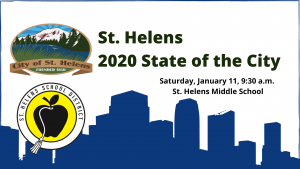 State of the City graphic with outline of a city and City of St. Helens and St. Helens School District logos