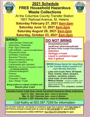 Information flyer for Columbia County Household Hazardous Waste Event 