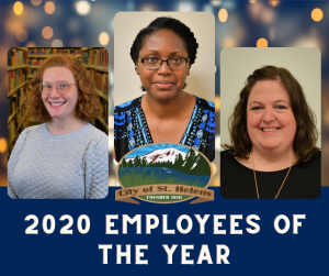 Graphic with pictures of Gretchen Kolderup, Sharon Darroux, and Shanna Duggan as employees of the year