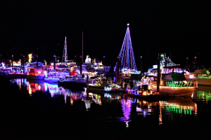 2021 Christmas Ships Parade fleet moored at night at the St. Helens City docks 
