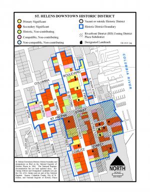 Planning map of property boundaries with historic district outlined and Primary and Secondary Significant properties highlighted