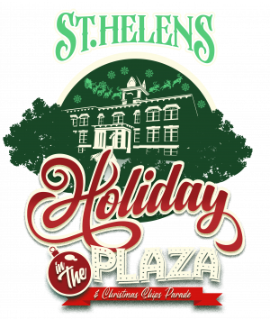 St. Helens Holiday in the Plaza event logo with holiday colors and picture of courthouse and ornament 