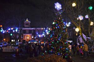 Outdoor square lighted with holiday lights 