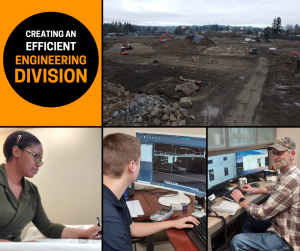 "Creating an Efficient Engineering Division" shows 3 civil engineers working on projects, plus a photo of a construction lot