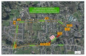 A traffic detour map showing the flow of traffic around the sidewalk project at Columbia Boulevard.
