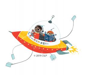Two humans in a flying saucer with one of them navigating for the "driver"