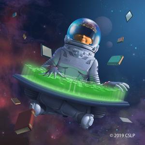 An astronaut whose eyes are hidden appears to be creating with green stuff.