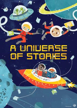 Children in space suites, flying saucers with aliens, and children in flying saucers hanging out together