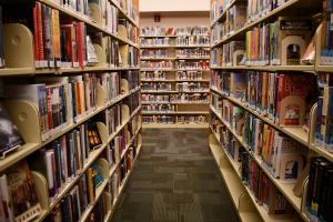 Image looking down row of books at St. Helens Public Library