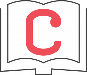 A large letter C superimposed on a book as a logo for Creativebug