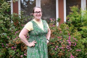 Jana Wiersma in St. Helens Public Library courtyard 