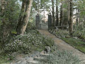 Vintage slideshow colored image of forested garden walkway