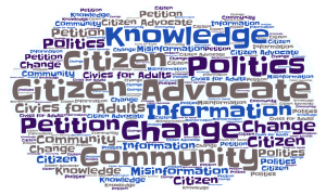 Word cloud with writing of many words related to citizen lobbyists