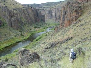 Bonnie Olin hiking into Beaver Charlie's Cabin along the upper stretches of the Owyhee River in Oregon, near the Idaho border.