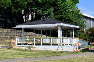 Columbia View Park stage with caution tape 