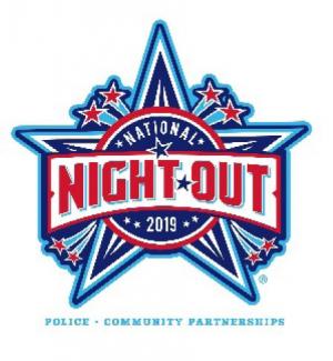 Official logo of National Night Out 2019. Star in red, white, and blue with event name. 