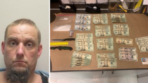 Gibson booking photo with picture of recovered US currency, knives, and methamphetamine. 