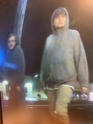 Two burglary suspects captured on security footage walking down road