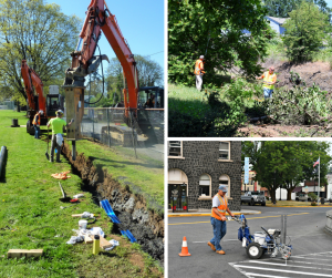 Collage of Public Works crew members performing tasks including cleaning up roadside debris, striping, and placing new mains.