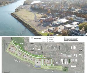 Aerial photo of St. Helens waterfront property above with west alignment design concept of same property below 