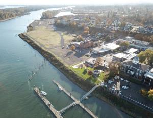 Aerial photo of St. Helens waterfront property with Columbia River and historic Riverfront District
