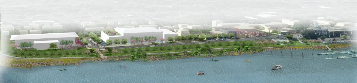 Conceptual rendering of St. Helens riverfront with street extensions and public riverwalk 