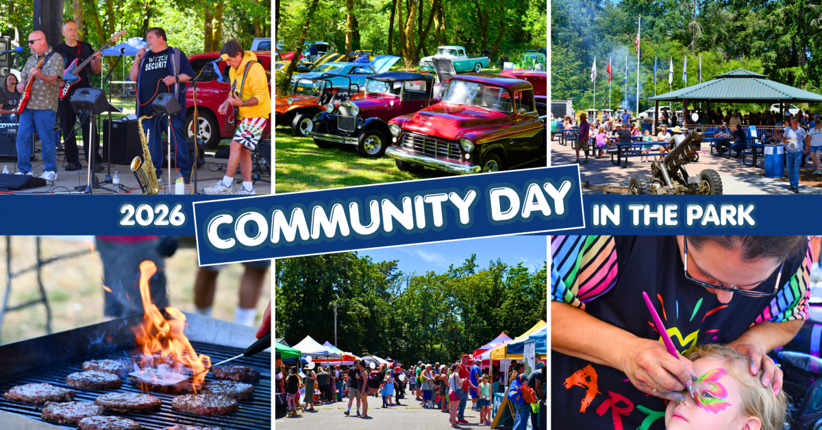 Grid of various event photos including band playing music, car show with vintage cars, hamburgers on grill with flames, vendors 