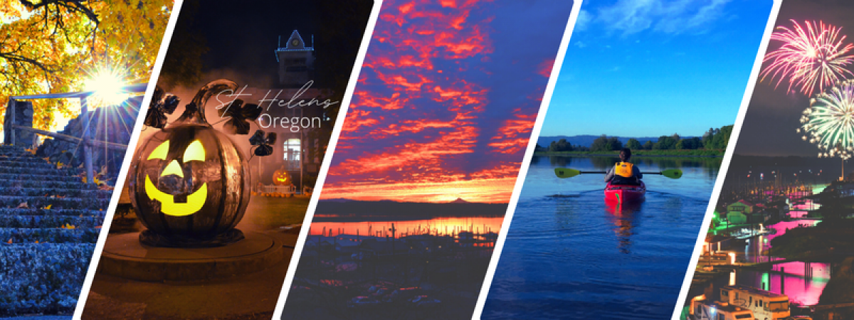 Banner images of St. Helens Oregon including fall leaves, kayaking on water, sunrise, fireworks, and giant pumpkin